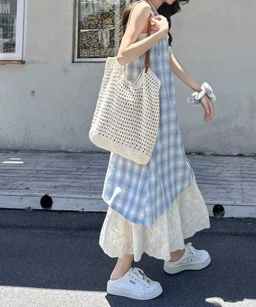 【極美品】バーバリーブルーレーベル キャミワンピース ギンガムチェック ベルト LUCPY ワンピース ギンガムチェックレイヤードキャミワンピース