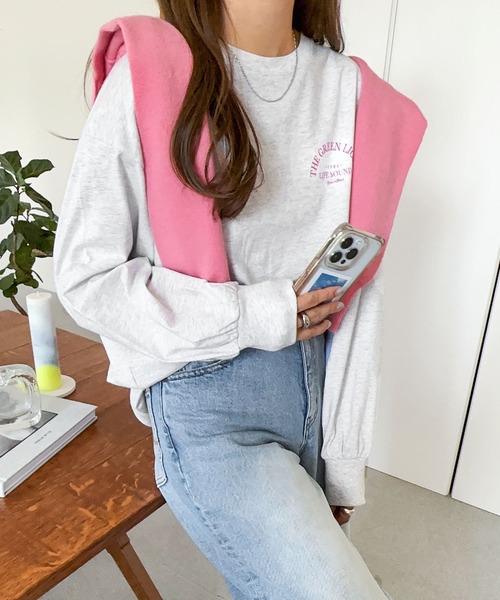 tシャツ ロゴプリントボリューム袖コットン長袖Tシャツ レディース | andme