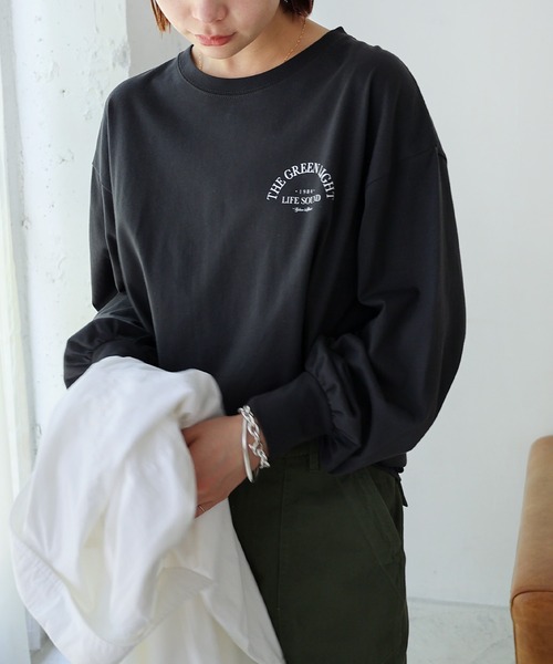 tシャツ ロゴプリントボリューム袖コットン長袖Tシャツ レディース | andme | 21