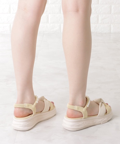 ファッション 通販 Lace Ladies パール付きクロスリボンコンフォート サンダル 靴
