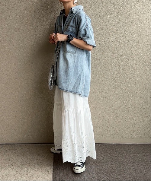 Aライン デニムシャツ ワンピース ハーフスリーブ ゆったり ロング デニム シャツ ワンピース オーバーシャツ ゆったり
