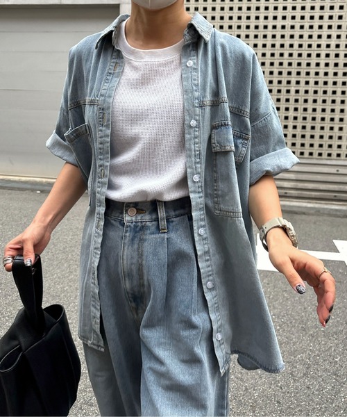 ブラウス シャツ ダスティー加工デニムハーフスリーブシャツ レディース ブラウス シャツ ハーフスリーブデニムシャツ レディース