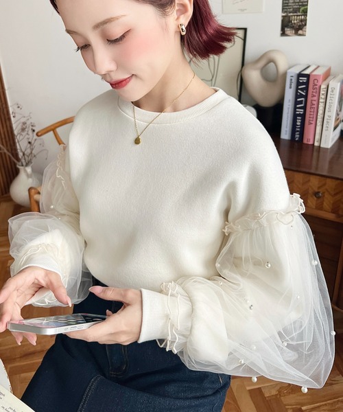 moment+ トレーナー スウェット 裏起毛パール付きorビジュー付き