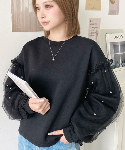 moment+ トレーナー スウェット 裏起毛パール付きorビジュー付き