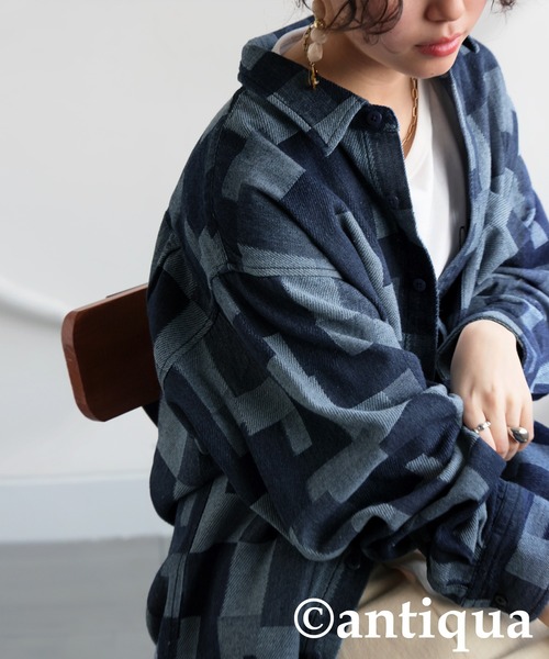 antiqua ブラウス シャツ 幾何学模様デニムシャツ レディース