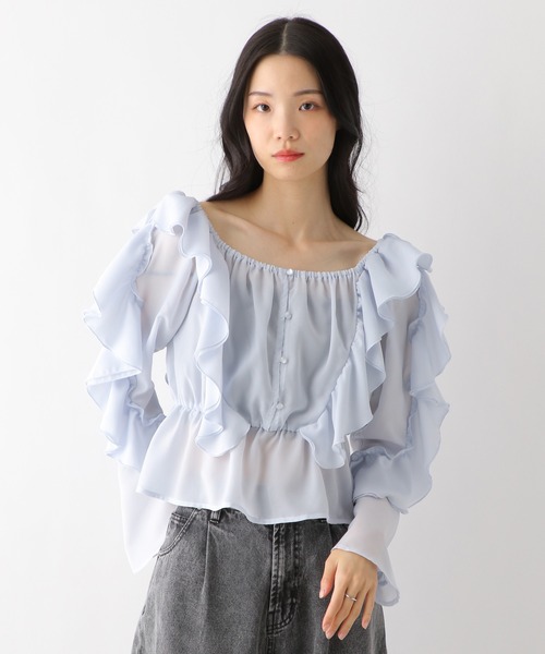 新品未使用】ラッフルフリルブラウス ブルー