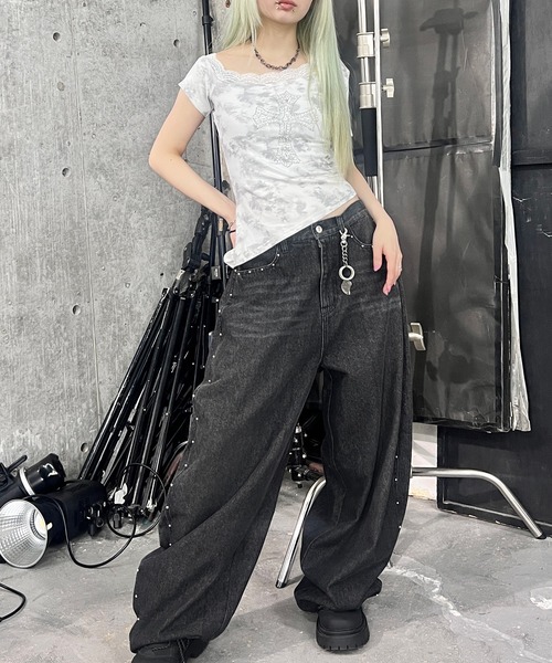 オフショルダー ブラック 長袖Tシャツ 【柘枝引 TricuspidC】 CORNER PRINTING | CROSS STITCH クロススティッチ 8.1 oz USA