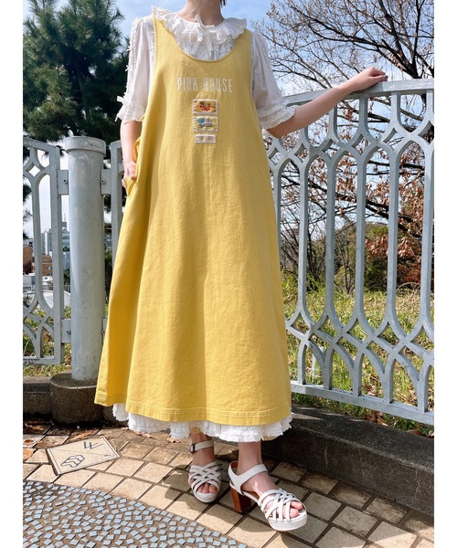 ピンクハウス今季ネームワッペンいっぱい使いジャンパースカート PINK HOUSE ジャンパースカート ネームワッペンいっぱい