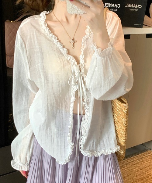 Achic（アシック） ブラウス シャツ フリル縁シアーガーリーボレロ