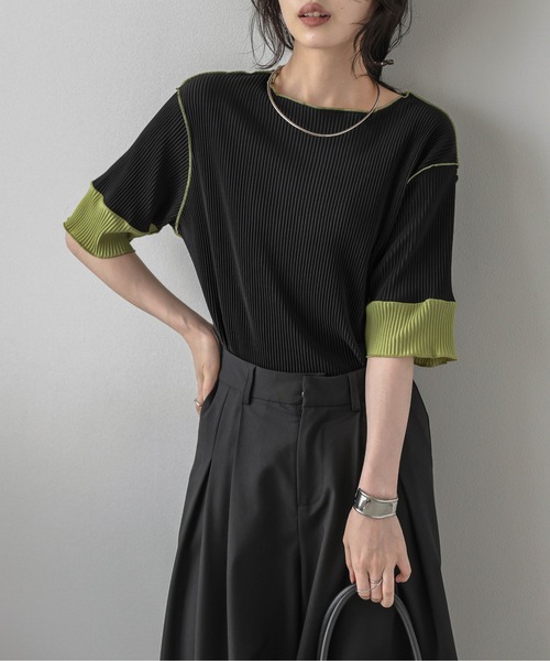 La-gemme（ラジェム） tシャツ バイカラープリーツトップス レディース