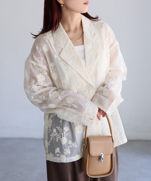 Riberry ジャケット テーラードジャケット 花柄刺繍シアー