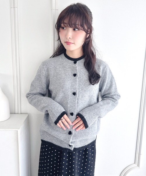 Loueme カーディガン ハートボタンバイカラーカーディガン レディース