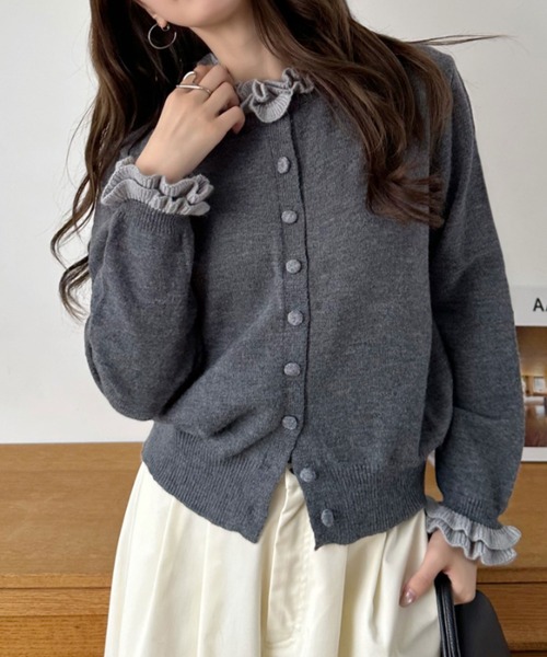 Eclat one カーディガン 「Eclat one」バイカラー フリル ニット