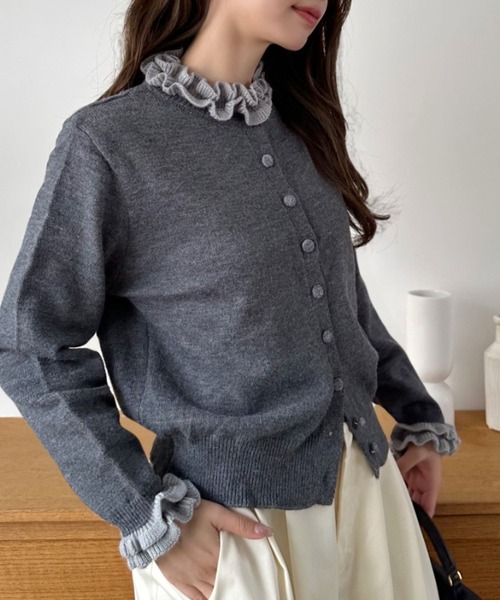 Eclat one カーディガン 「Eclat one」バイカラー フリル ニット