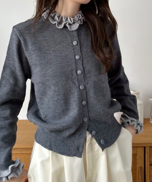 Eclat one カーディガン 「Eclat one」バイカラー フリル ニット