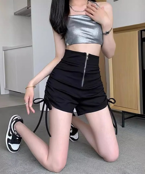 lilful パンツ フロントジップアップデザイン サイドギャザー ショート