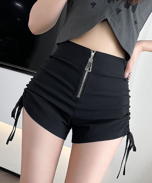 lilful パンツ フロントジップアップデザイン サイドギャザー ショート