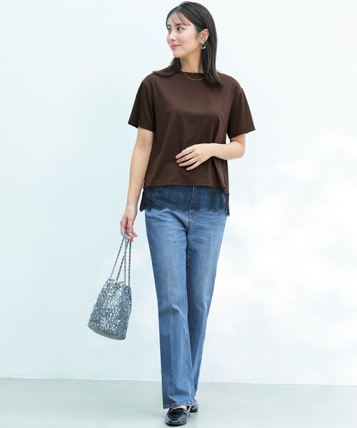 ジーンズ デニム デニムパンツ センタープレスセミフレア デニム レディースの画像