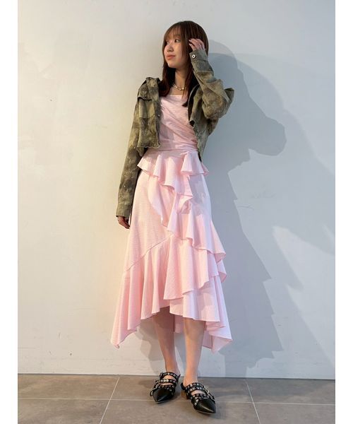 【プリーツプリーズ】スカート　アシンメトリー　変形　ピンク　プリーツ　サイズ3 ピンクコーデ アシンメトリーなプリーツピンクロングスカート スカート