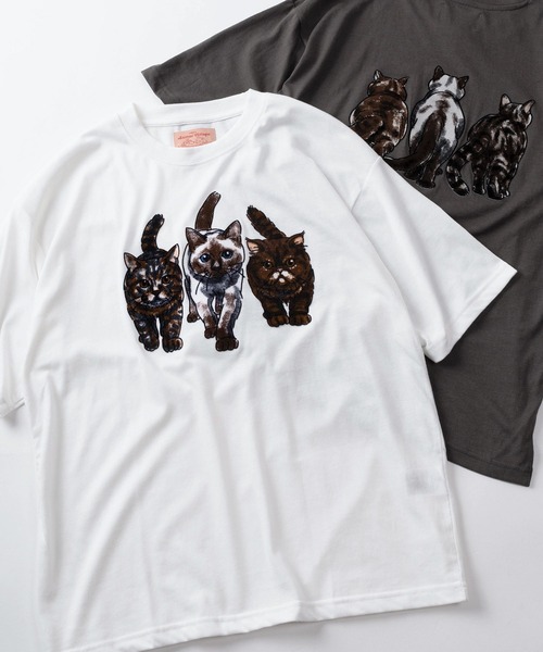 Drawer★ドゥロワー ★フロッキープリントプルオーバー★Tシャツ tシャツ 「81」フロント＆バック ネコイラスト フロッキープリント