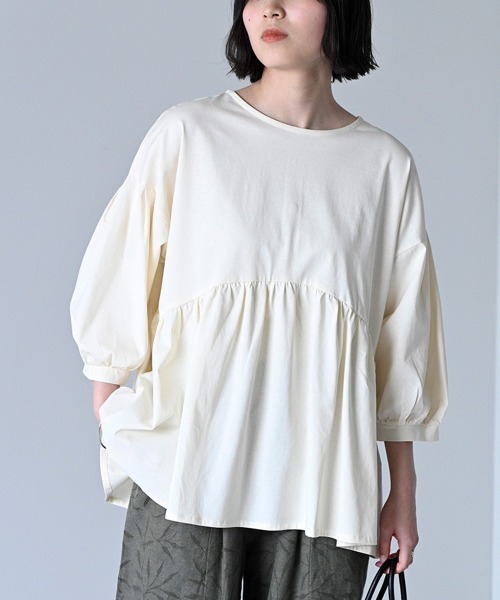 tシャツ Tシャツ シルキー天竺 ふわっとボリュームギャザープルオーバー