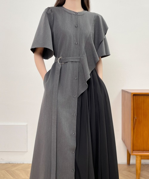 ABITOKYO ワンピース アシメフリル異素材プリーツ切替シャツ