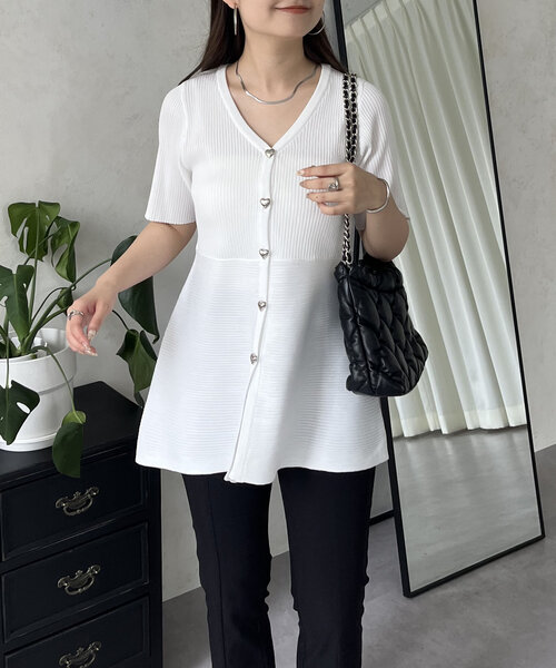 極美品 ADORE 24SS タフタペプラムカーディガン Vネックニット ピンク アドーア ADORE ◇タフタペプラムカーデ （ピンク