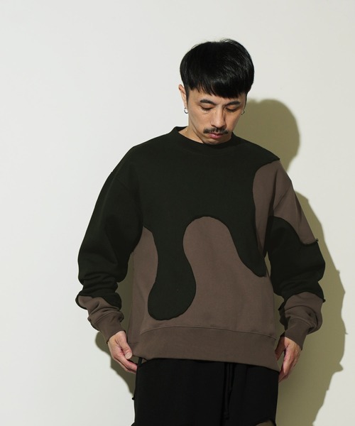 Aphlotus トレーナー スウェット カーブ切替 バイカラー クルーネック 