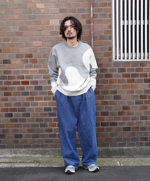 Aphlotus トレーナー スウェット カーブ切替 バイカラー クルーネック