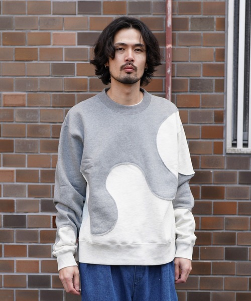 Aphlotus トレーナー スウェット カーブ切替 バイカラー クルーネック 