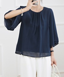 ブラウス シャツ 2WAYストレッチ袖タック裾フレアーブラウス レディース Lace Ladies ブラウス シャツ フロントタック シアー 7分袖