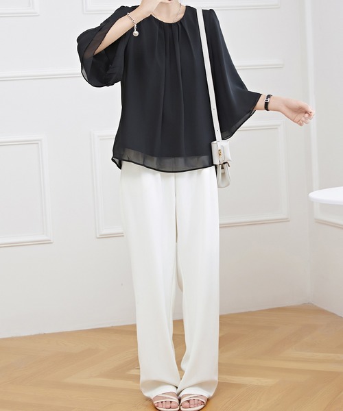 Lace Ladies ブラウス シャツ フロントタック シアー 7分袖