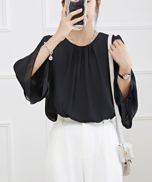 Lace Ladies ブラウス シャツ フロントタック シアー 7分袖