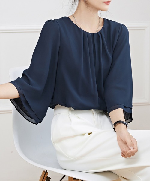 シャツ/ブラウス(長袖/七分) Puffed Sleeve Lace Blouse Lace Ladies（レースレディース） ブラウス シャツ シースルー七分袖