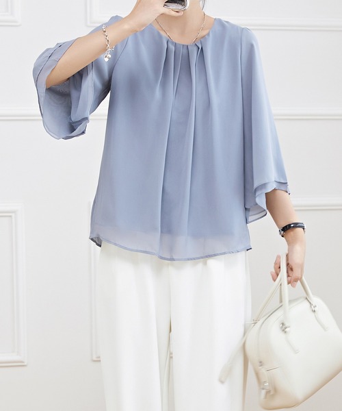 ブラウス シャツ 袖タックブラウス レディース Lace Ladies ブラウス シャツ フロントタック シアー 7分袖