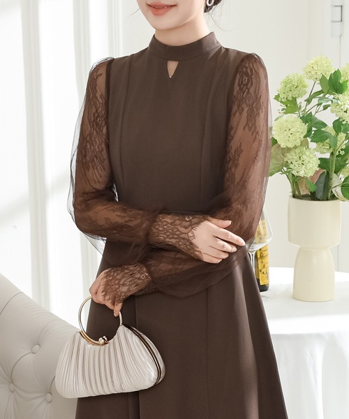 美品 PREMIUM by VICKY レース ドッキング ロングワンピース Lace Ladies（レースレディース） ドレス プチハイネック レース