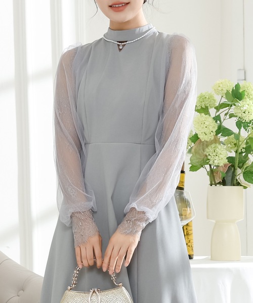 Lace Ladies ドレス プチハイネック レース ドッキング ロング