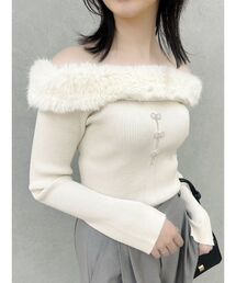 2WAYオフショルダー ニットトップス 黒 ファー付き　dazzlin dazzlin ニット セーター 2WAYファーライクネックニットトップス