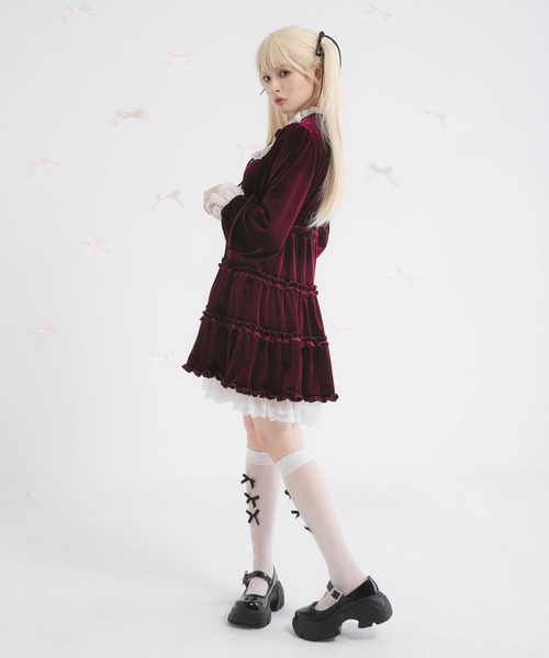 新品★ DearMyLoveRose ベロアヨークレースワンピース ボルドー DearMyLoveRose ワンピース ベロアヨークレースワンピース