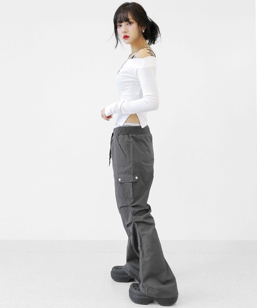 Dリングブーツカットパンツ minsobi パンツ Dリング セミブーツカット ナイロンパンツ