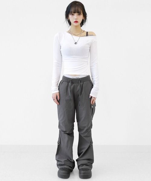 Dリングブーツカットパンツ minsobi パンツ Dリング セミブーツカット ナイロンパンツ