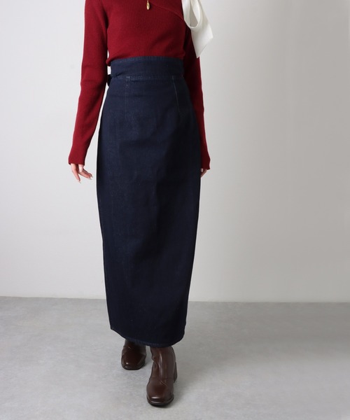 デニムスカート back ribbon slit tight denim skirt /バック