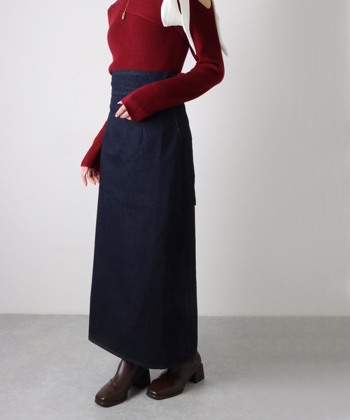 デニムスカート back ribbon slit tight denim skirt /バック