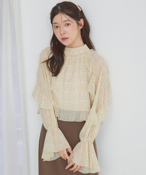 ブラウス シャツ 「セットアップ対応」フリルスリーブシアードットブラウス　春服　オケージョン レディース SELFIST ブラウス シャツ 「セットアップ対応」フリルスリーブ