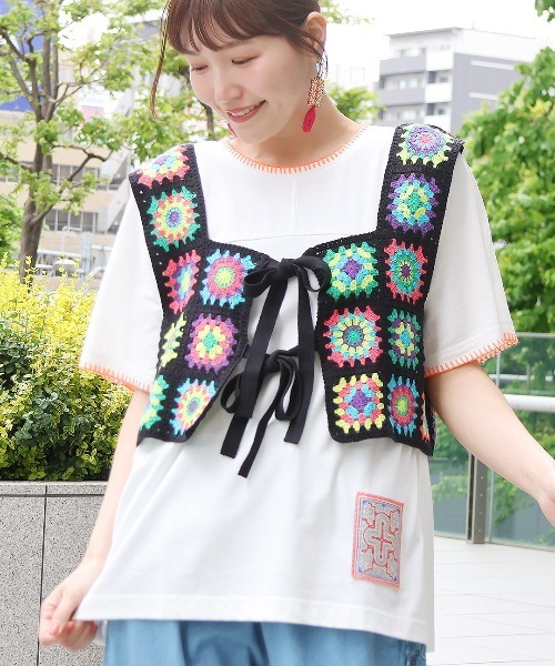 ベスト ジレ カラフルクロシェ風ベスト レディース