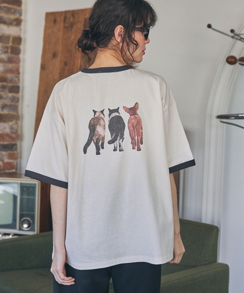 アニマルプリント スリムギャザーTシャツ tシャツ CAT＆DOG アニマル グラフィック プリント 半袖
