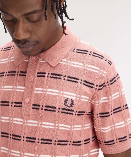 【希少】FRED PERRY 半袖　ニット　ポロシャツ チェック レデ FRED PERRY ポロシャツ Striped Rib Knitted Polo Shirt