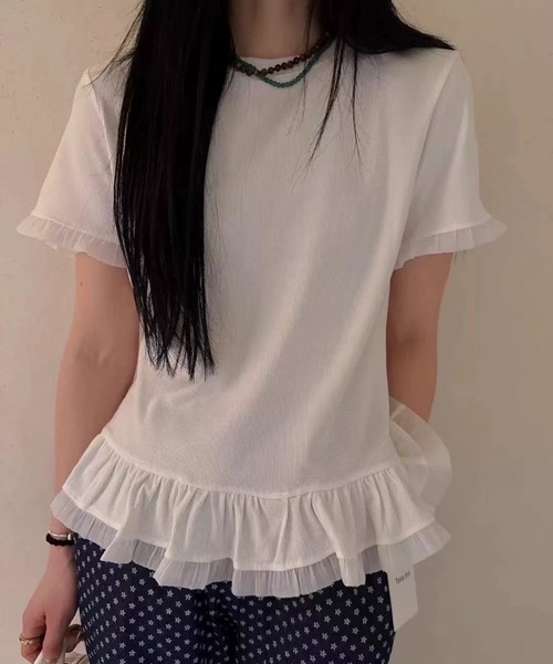 tシャツ 袖裾異素材フリルドッキング半袖トップス レディース