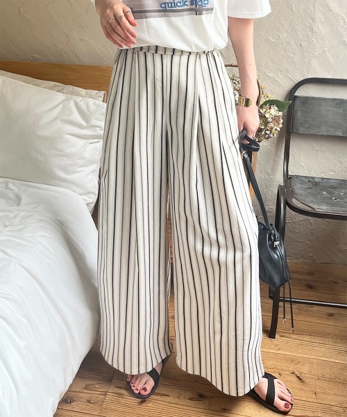パンツ マルチストライプ柄タックワイドパンツ レディース : ZOZOTOWN