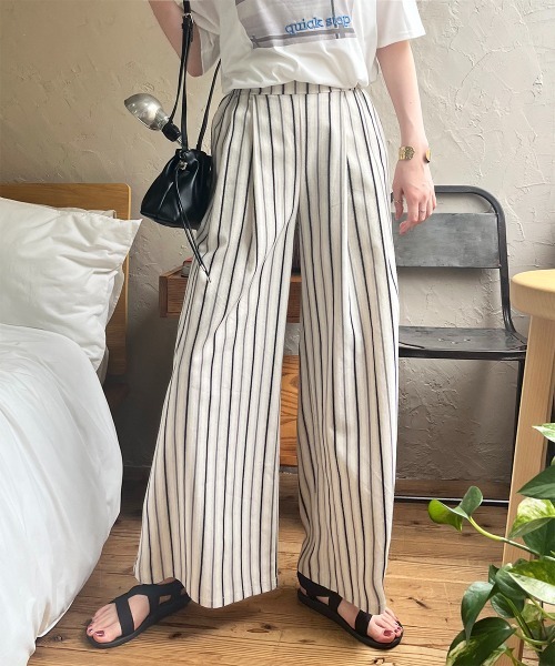 ワイドパンツ パンツ マルチストライプ柄タックワイドパンツ